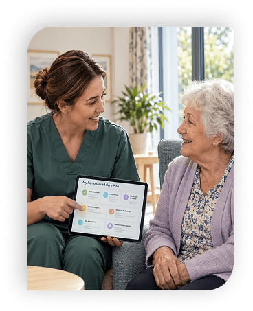 Caregiver explaining care plan to resident