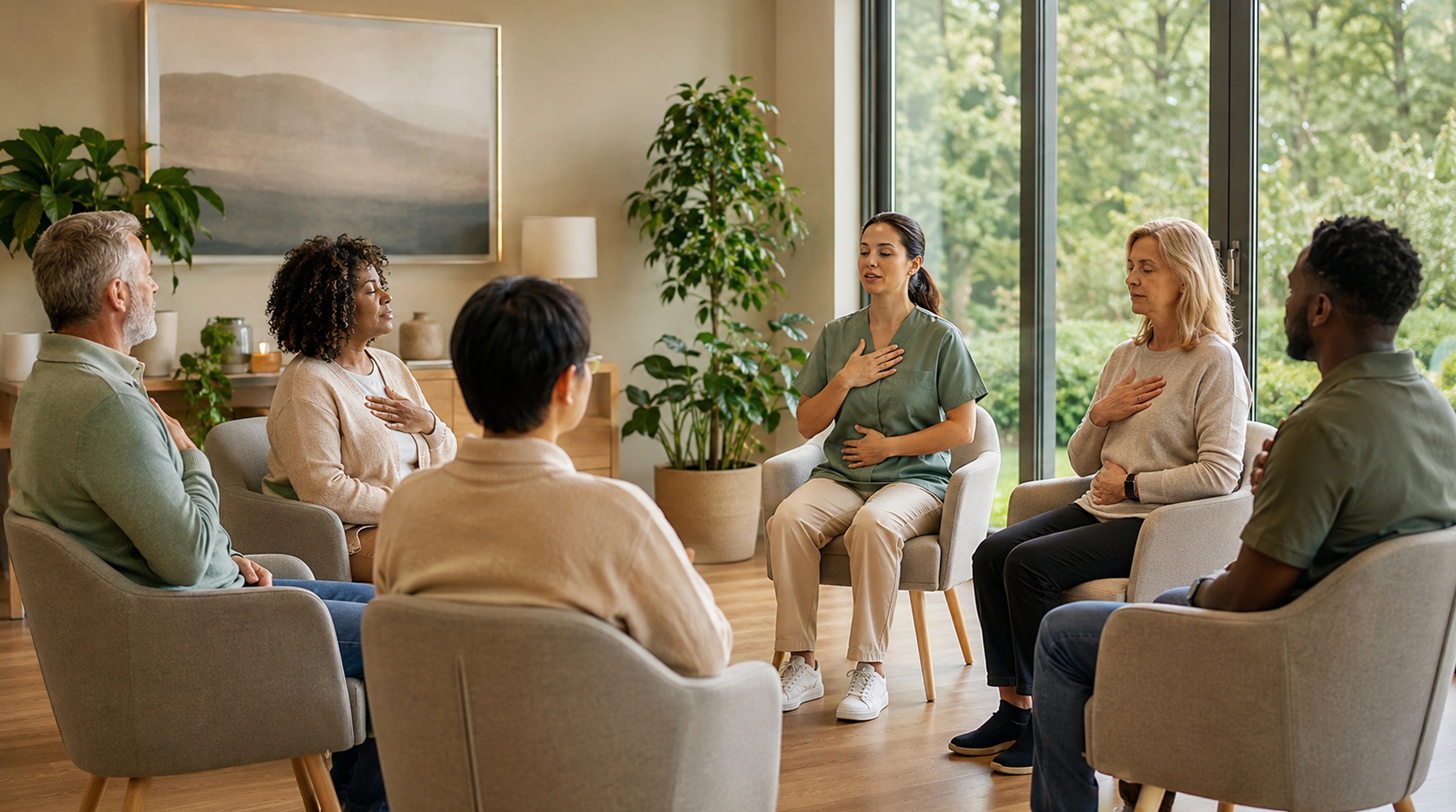 Group therapy session sitting in a circle in mental health care home