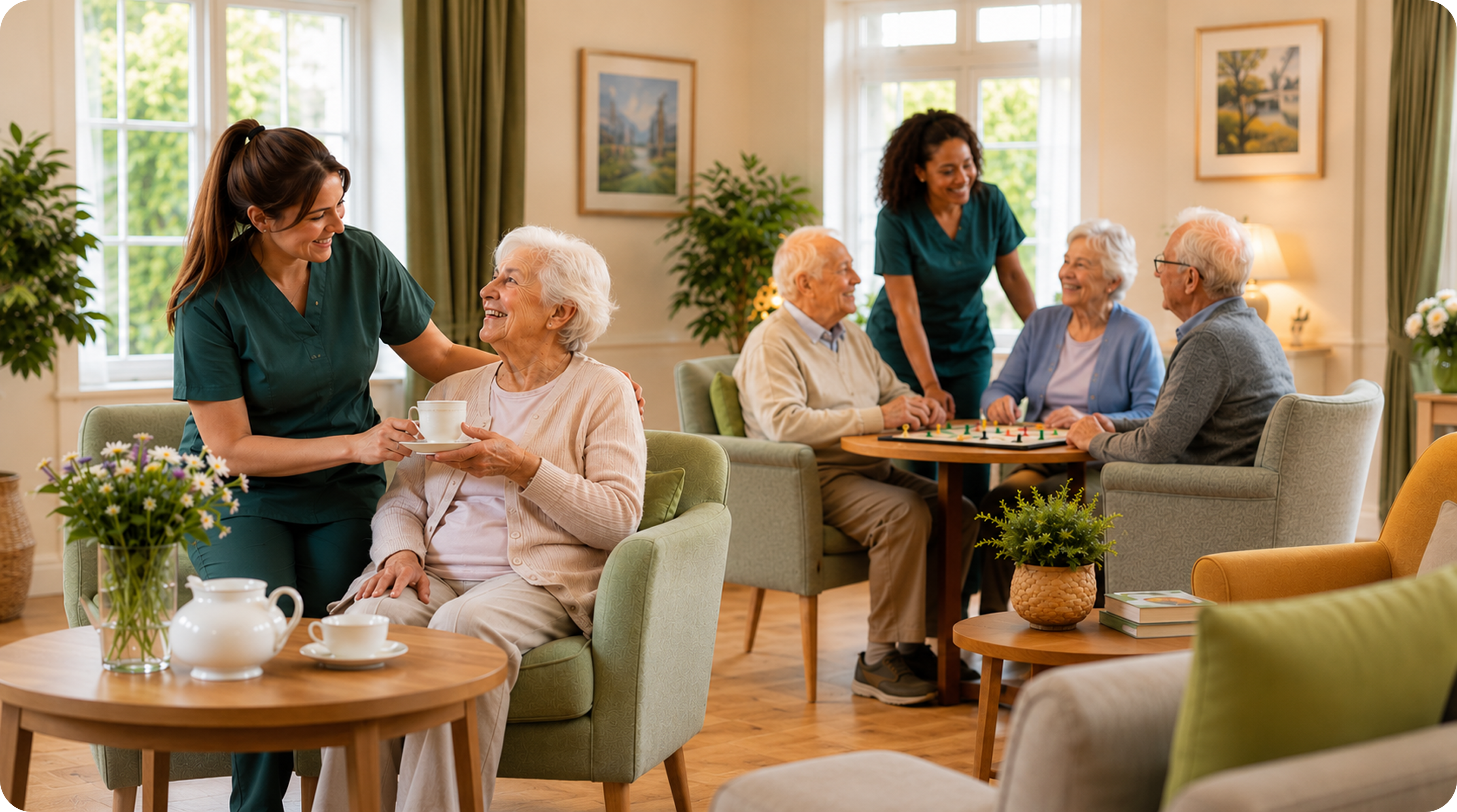 Caregivers serving tea and playing board games with senior residents in residential care home