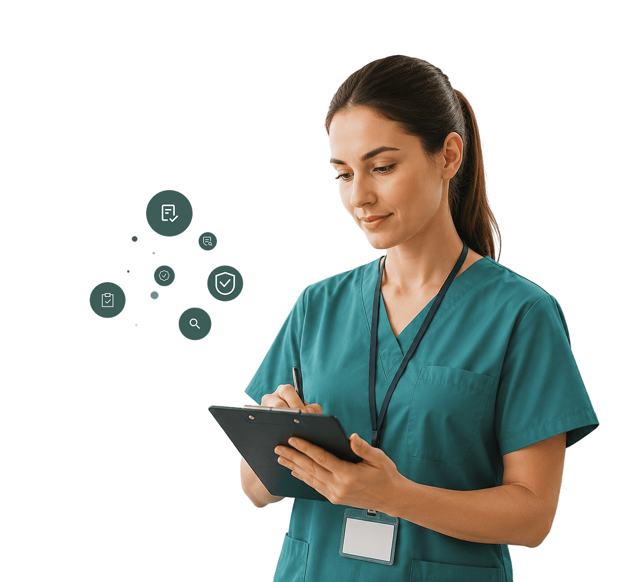 Caregiver holding clipboard with compliance badge icons