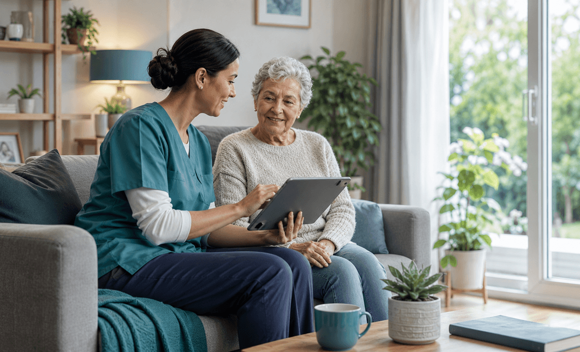 Caregiver consulting senior resident on tablet