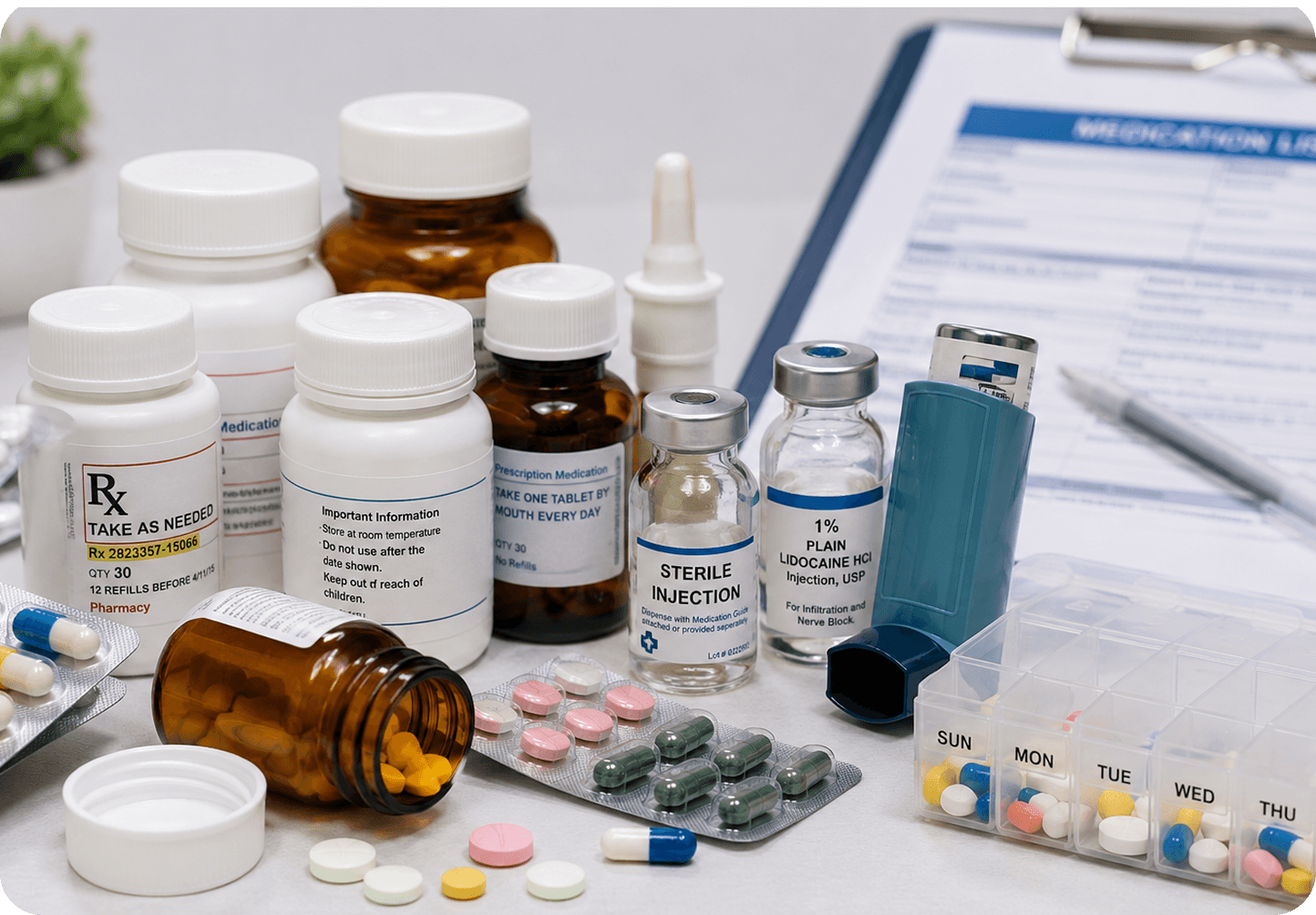 Medication bottles, inhalers, and blister packs