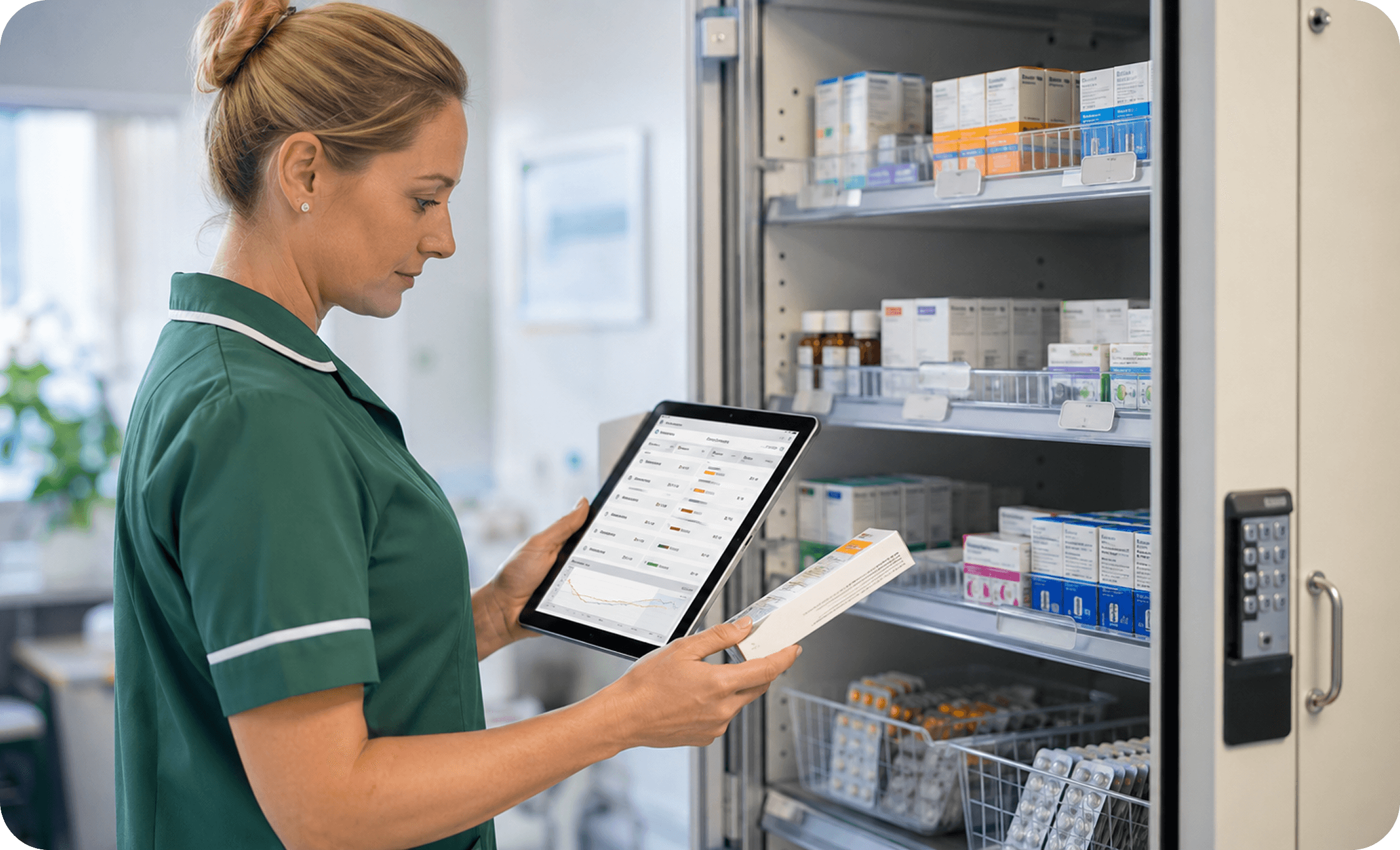 Caregiver inspecting pharmacy storage cabinet